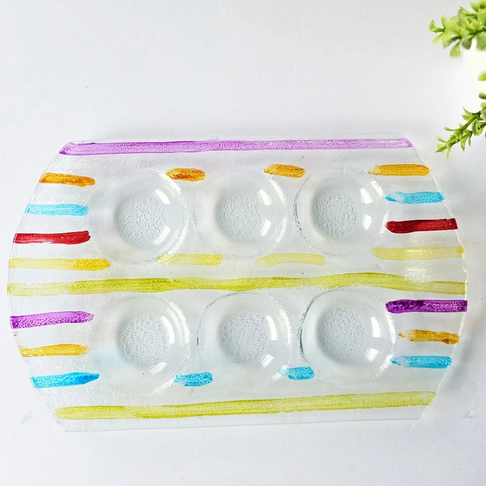 Striped Contemporary Style Fused Glass Candle Holder Tray Six Tea Light Candles